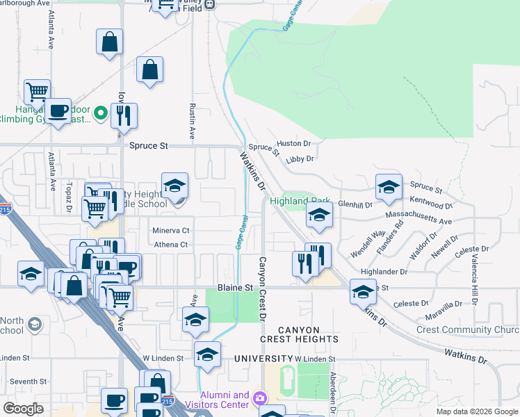 map of restaurants, bars, coffee shops, grocery stores, and more near 2891 Canyon Crest Drive in Riverside