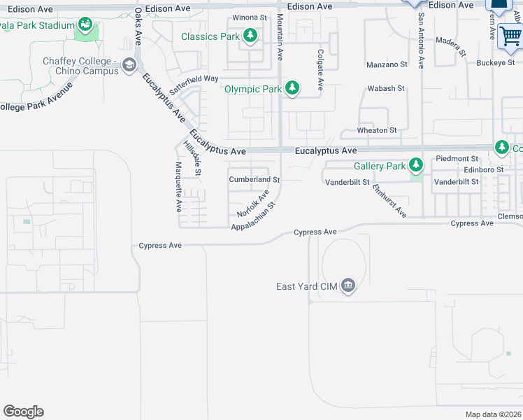 map of restaurants, bars, coffee shops, grocery stores, and more near 14693 Norfolk Avenue in Chino