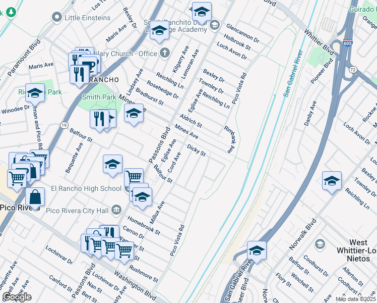 map of restaurants, bars, coffee shops, grocery stores, and more near 6116 Cord Avenue in Pico Rivera