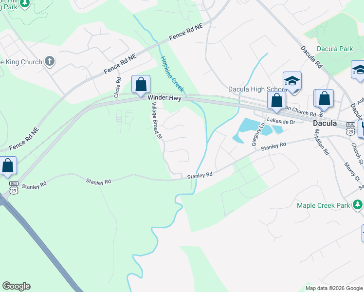 map of restaurants, bars, coffee shops, grocery stores, and more near 2095 Villa Spring Court in Dacula