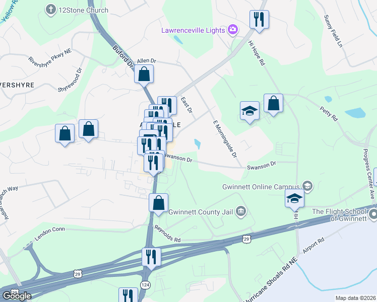 map of restaurants, bars, coffee shops, grocery stores, and more near 4840 Swanson Drive in Lawrenceville