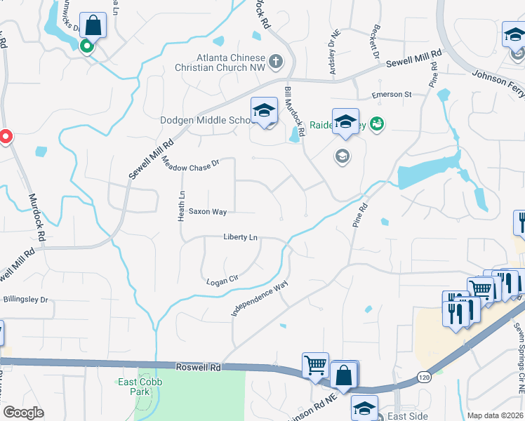 map of restaurants, bars, coffee shops, grocery stores, and more near 3615 Saxon Way in Marietta