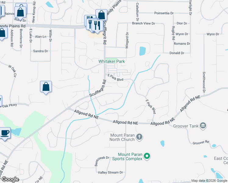 map of restaurants, bars, coffee shops, grocery stores, and more near 1487 Brentwood Drive in Marietta