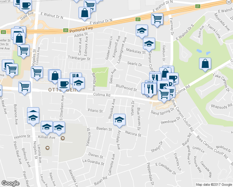 map of restaurants, bars, coffee shops, grocery stores, and more near 1634 Nausika Avenue in Rowland Heights