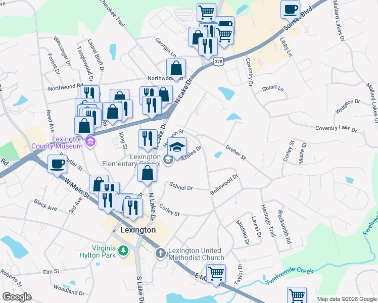 map of restaurants, bars, coffee shops, grocery stores, and more near 205 Azalea Drive in Lexington