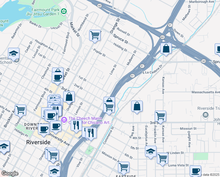 map of restaurants, bars, coffee shops, grocery stores, and more near 3049 Mulberry Street in Riverside