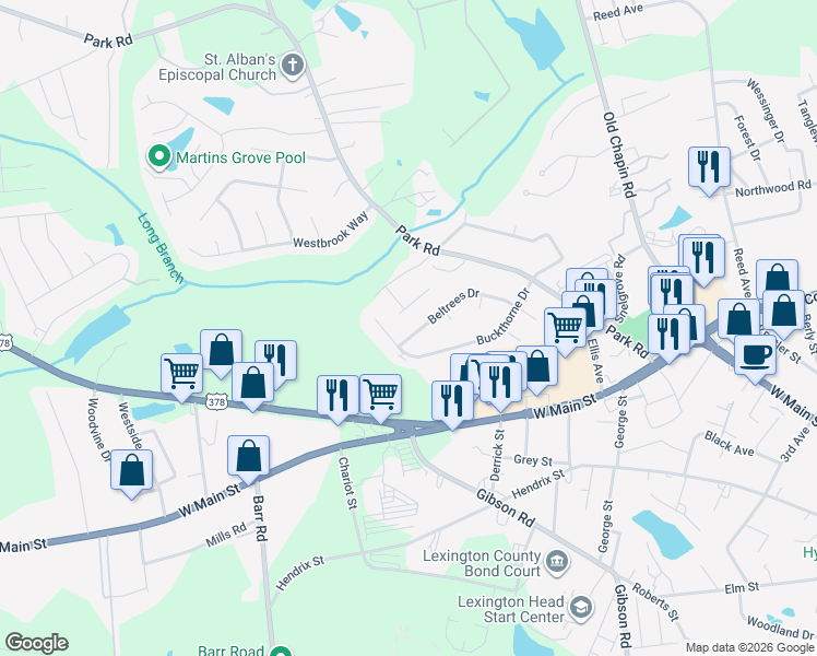 map of restaurants, bars, coffee shops, grocery stores, and more near 320 Beltrees Drive in Lexington