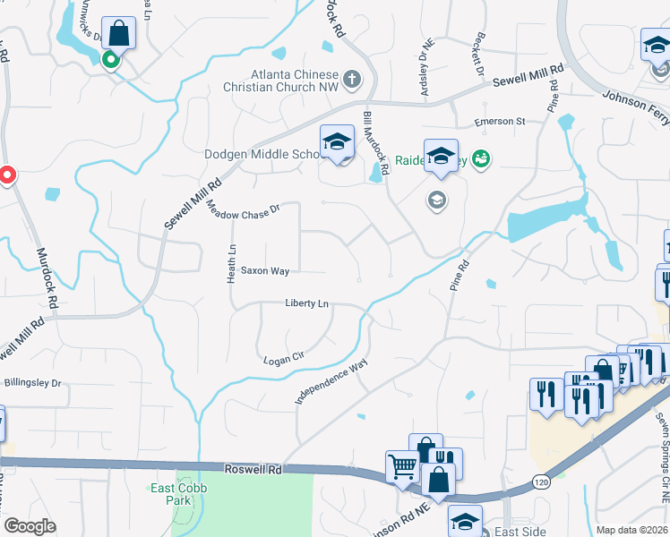 map of restaurants, bars, coffee shops, grocery stores, and more near 3615 Saxon Way in Marietta