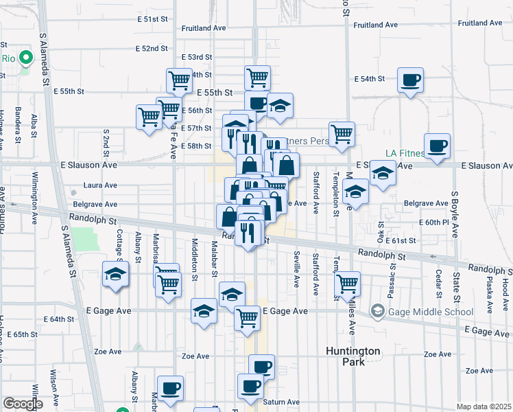map of restaurants, bars, coffee shops, grocery stores, and more near in Huntington Park