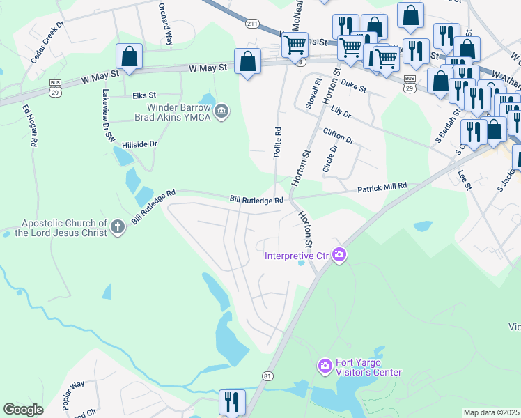 map of restaurants, bars, coffee shops, grocery stores, and more near 2057 Massey Lane in Winder
