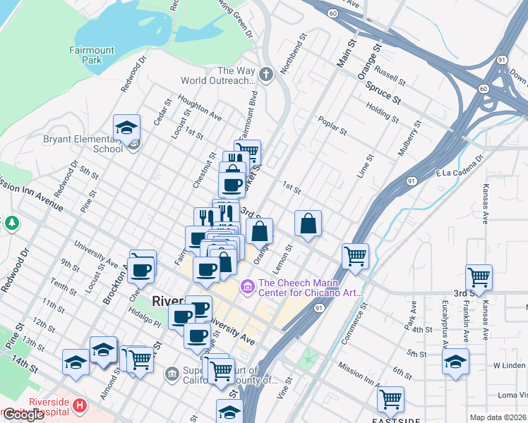 map of restaurants, bars, coffee shops, grocery stores, and more near 3260 Main Street in Riverside