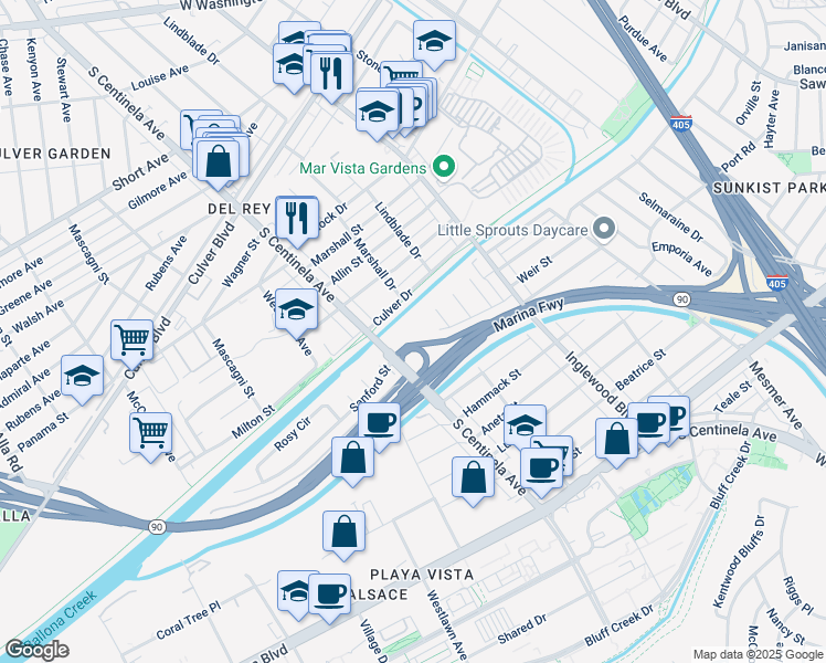 map of restaurants, bars, coffee shops, grocery stores, and more near 5000 South Centinela Avenue in Los Angeles