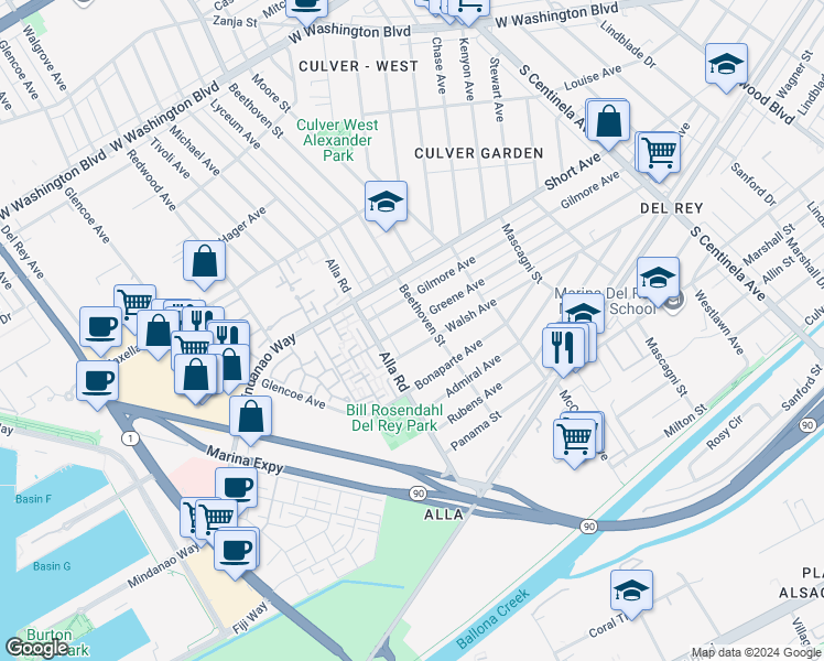 map of restaurants, bars, coffee shops, grocery stores, and more near 12920 Greene Avenue in Los Angeles