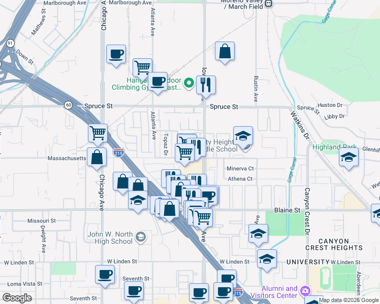 map of restaurants, bars, coffee shops, grocery stores, and more near 1329 Massachusetts Avenue in Riverside