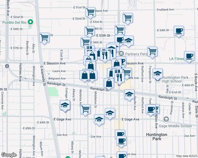 map of restaurants, bars, coffee shops, grocery stores, and more near 2462 Belgrave Ave in Huntington Park