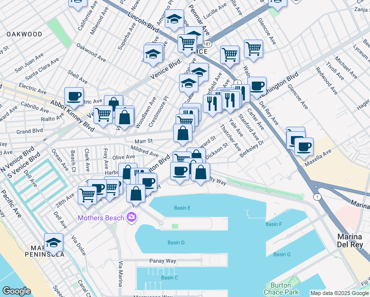 map of restaurants, bars, coffee shops, grocery stores, and more near 740 Washington Boulevard in Marina del Rey