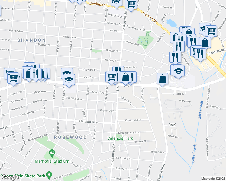 map of restaurants, bars, coffee shops, grocery stores, and more near 3715 Moss Ave in Columbia