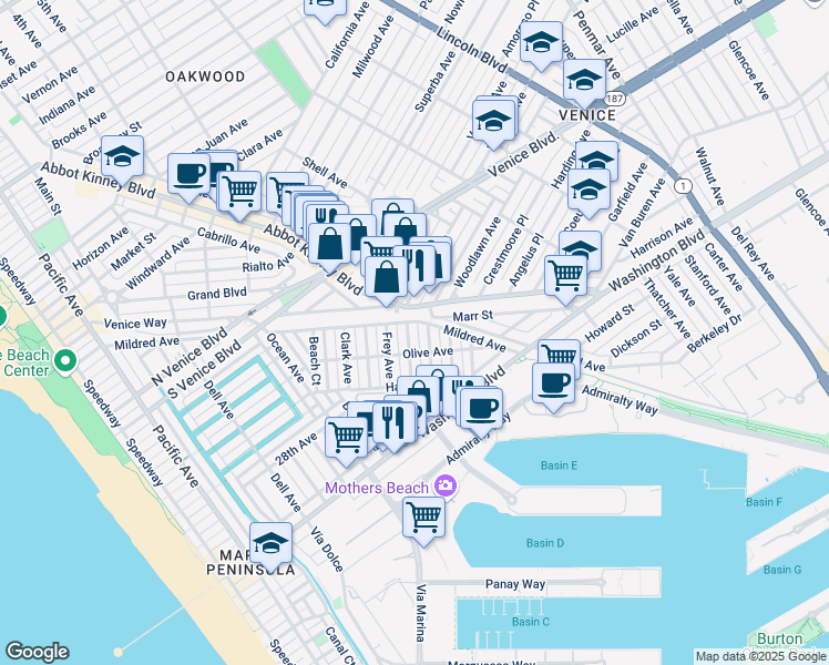 map of restaurants, bars, coffee shops, grocery stores, and more near 2322 Cloy Avenue in Los Angeles
