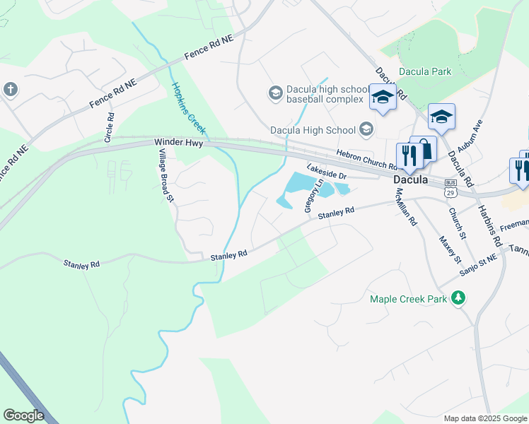 map of restaurants, bars, coffee shops, grocery stores, and more near 2284 Shane Lane in Dacula