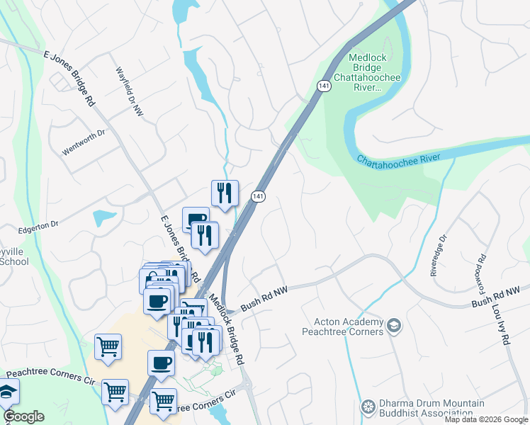 map of restaurants, bars, coffee shops, grocery stores, and more near 4068 Kingsley Park Lane in Duluth