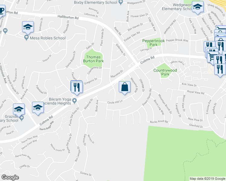 map of restaurants, bars, coffee shops, grocery stores, and more near 16536 Amber Tree Lane in Hacienda Heights