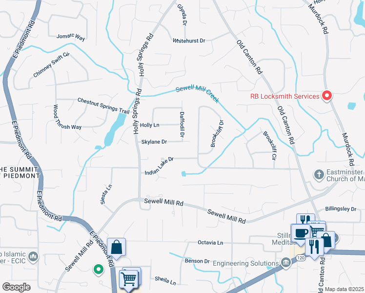 map of restaurants, bars, coffee shops, grocery stores, and more near 2674 Skylane Drive in Marietta