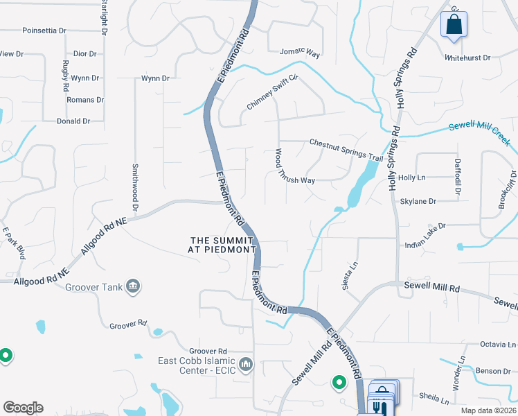map of restaurants, bars, coffee shops, grocery stores, and more near 1501 Brown Thrasher Lane Northeast in Marietta