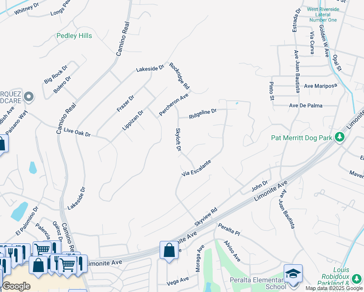 map of restaurants, bars, coffee shops, grocery stores, and more near 5572 Skyloft Drive in Riverside