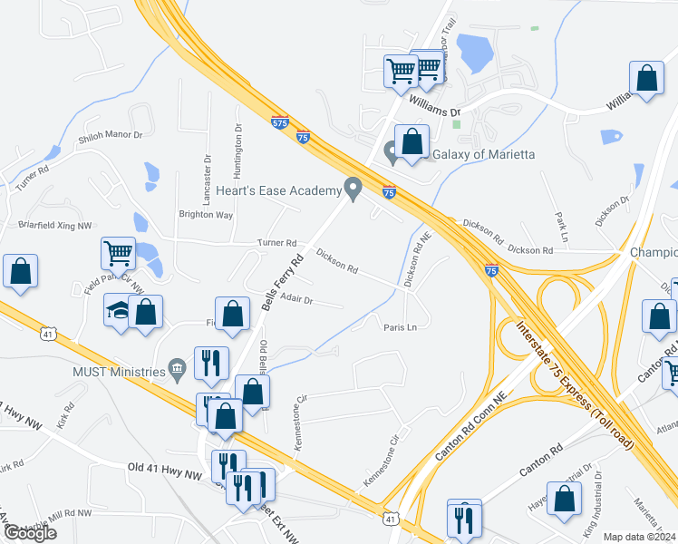 map of restaurants, bars, coffee shops, grocery stores, and more near 20 Dickson Road in Marietta