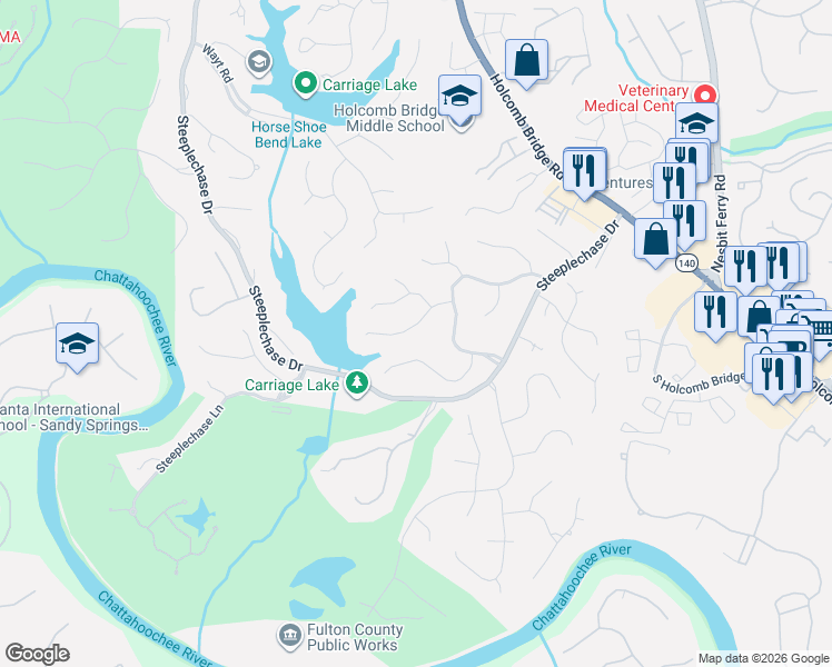 map of restaurants, bars, coffee shops, grocery stores, and more near 2725 Misty Morning Lane in Roswell