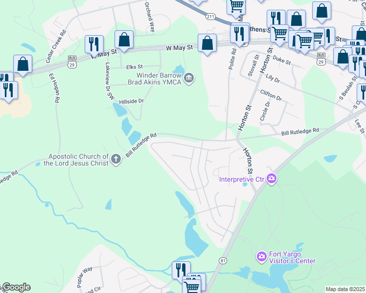 map of restaurants, bars, coffee shops, grocery stores, and more near 2038 Massey Lane in Winder