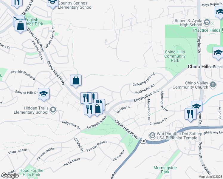 map of restaurants, bars, coffee shops, grocery stores, and more near 2732 La Salle Pointe in Chino Hills