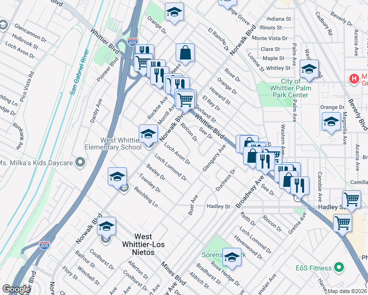 map of restaurants, bars, coffee shops, grocery stores, and more near 10905 Loch Avon Drive in Whittier