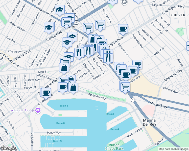 map of restaurants, bars, coffee shops, grocery stores, and more near 3125 Thatcher Avenue in Marina del Rey