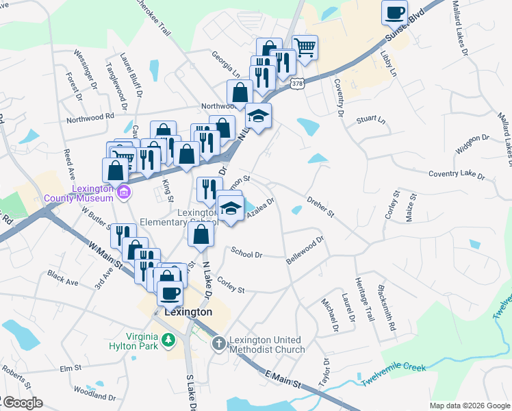 map of restaurants, bars, coffee shops, grocery stores, and more near 205 Azalea Drive in Lexington