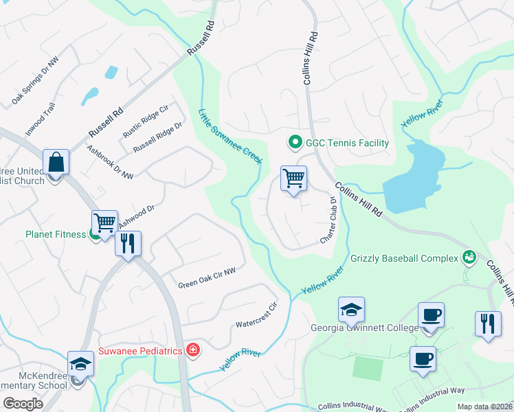 map of restaurants, bars, coffee shops, grocery stores, and more near 1360 Charter Club Drive in Lawrenceville