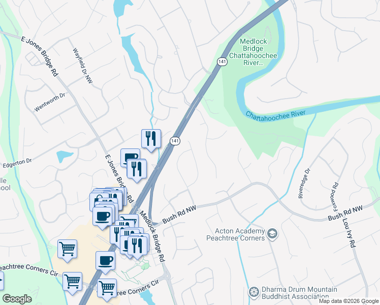 map of restaurants, bars, coffee shops, grocery stores, and more near 4068 Kingsley Park Lane in Duluth