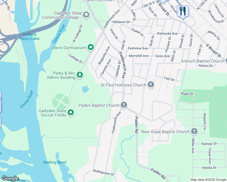 map of restaurants, bars, coffee shops, grocery stores, and more near 800 Oakdale Drive in Gadsden