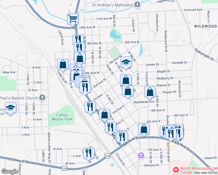 map of restaurants, bars, coffee shops, grocery stores, and more near 403 1st Avenue in Amory