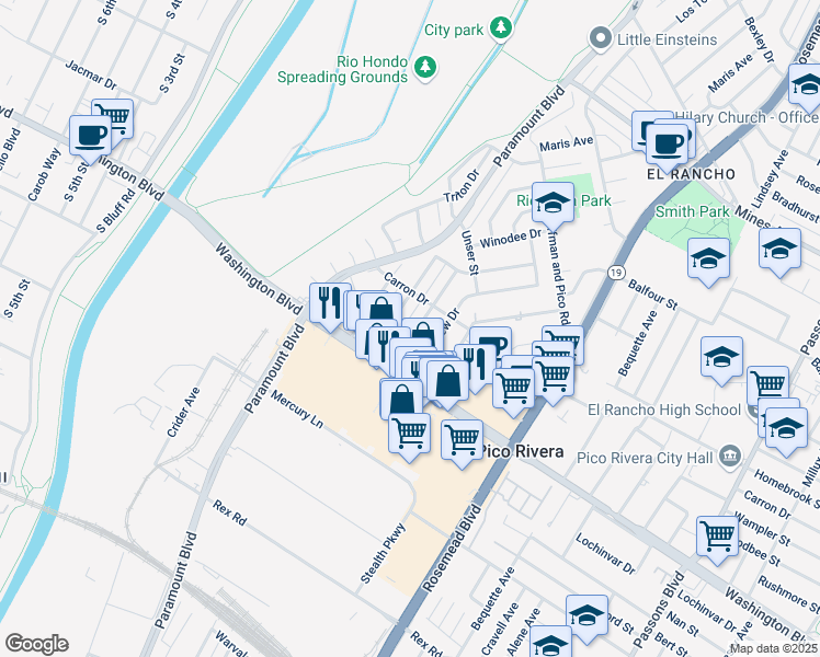 map of restaurants, bars, coffee shops, grocery stores, and more near 6633 Bollenbacher Drive in Pico Rivera