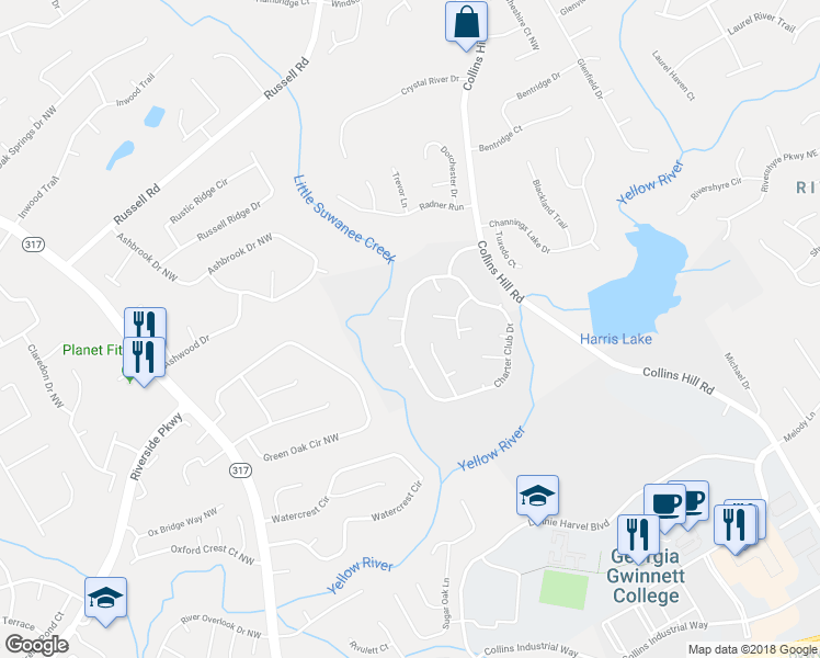 map of restaurants, bars, coffee shops, grocery stores, and more near 1365 Charter Club Dr in Lawrenceville
