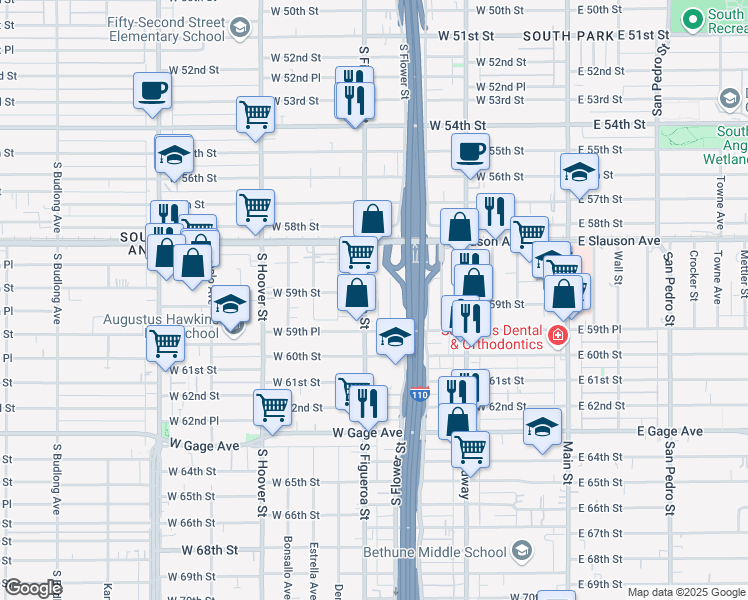 map of restaurants, bars, coffee shops, grocery stores, and more near 5906 South Figueroa Street in Los Angeles