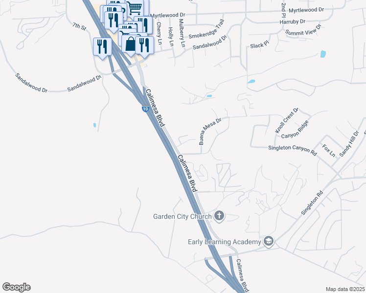map of restaurants, bars, coffee shops, grocery stores, and more near 9240 Calimesa Boulevard in Calimesa