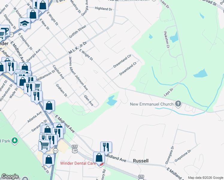 map of restaurants, bars, coffee shops, grocery stores, and more near 419 Harpy Eagle Drive in Winder