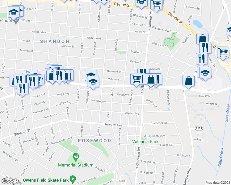 map of restaurants, bars, coffee shops, grocery stores, and more near 3505 Moss Avenue in Columbia