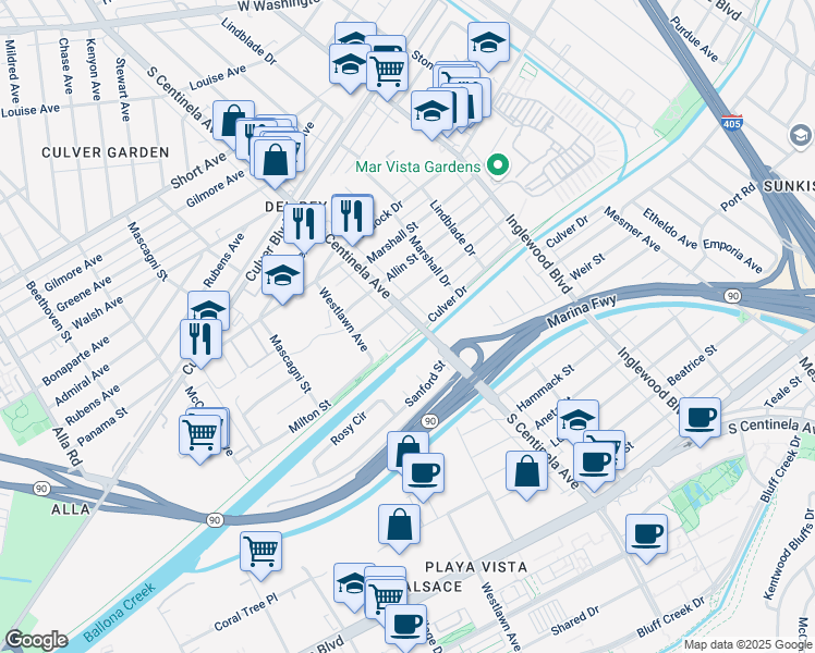 map of restaurants, bars, coffee shops, grocery stores, and more near 4971 South Centinela Avenue in Los Angeles