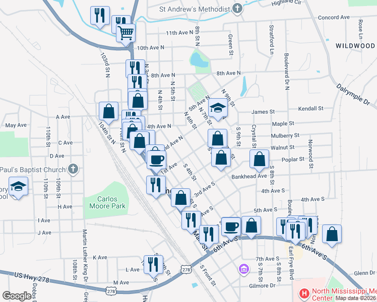 map of restaurants, bars, coffee shops, grocery stores, and more near 403 1st Avenue in Amory