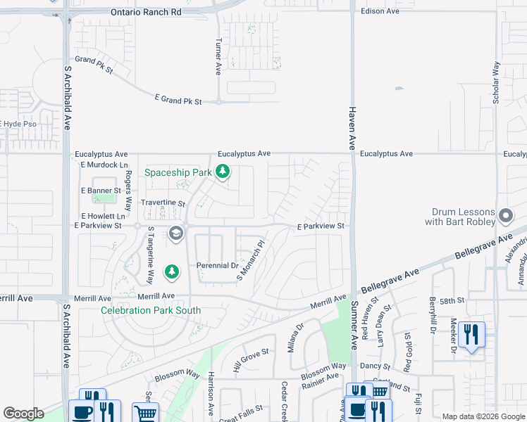 map of restaurants, bars, coffee shops, grocery stores, and more near 4758 South Solstice Avenue in Ontario