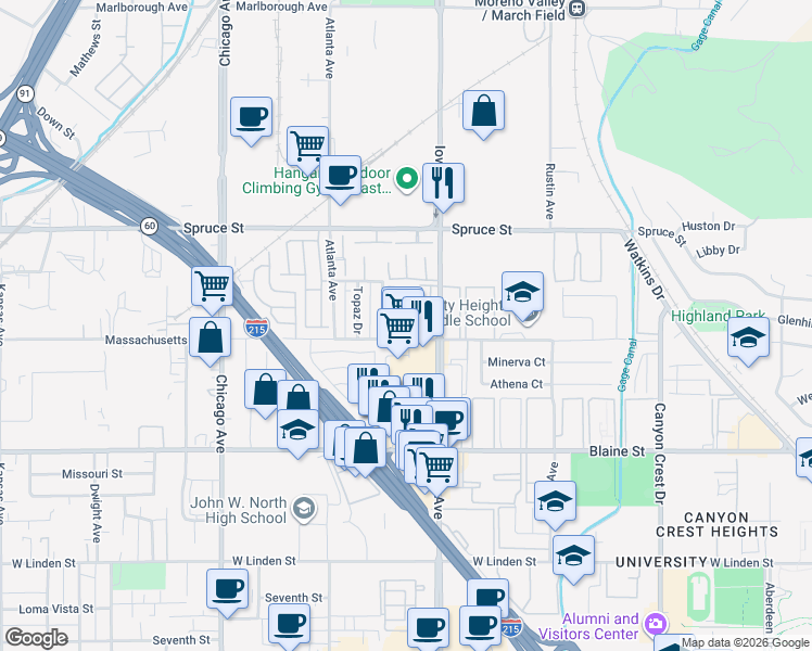 map of restaurants, bars, coffee shops, grocery stores, and more near 1329 Massachusetts Avenue in Riverside