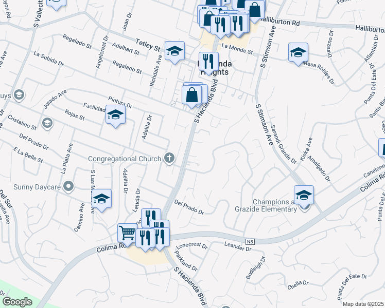 map of restaurants, bars, coffee shops, grocery stores, and more near 2724 South Hacienda Boulevard in Hacienda Heights